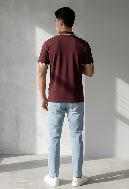 Zayn Striped Zip Polo – Maroon & Cream