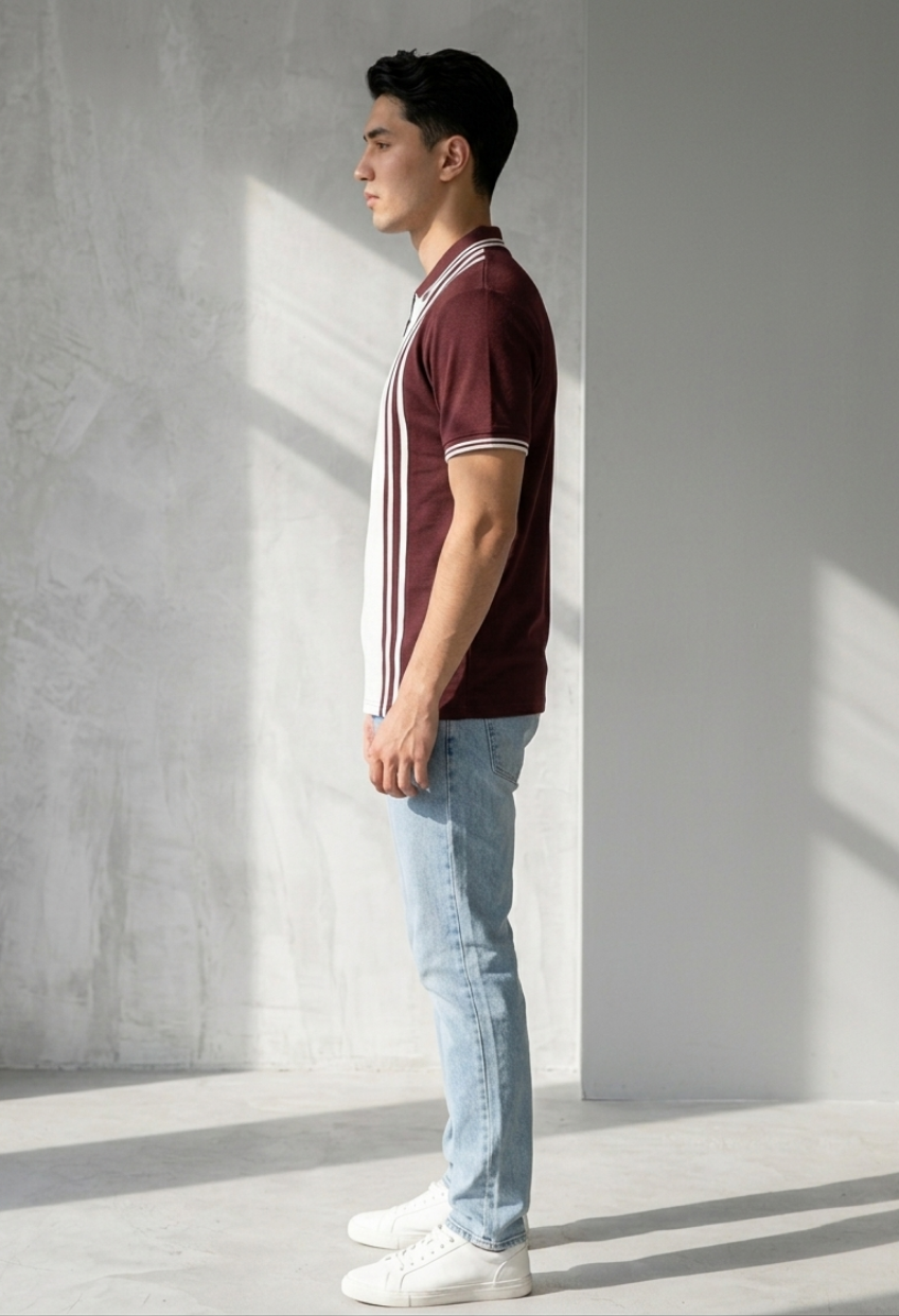 Zayn Striped Zip Polo – Maroon & Cream