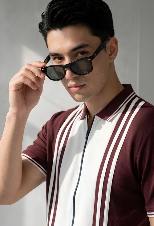 Zayn Striped Zip Polo – Maroon & Cream