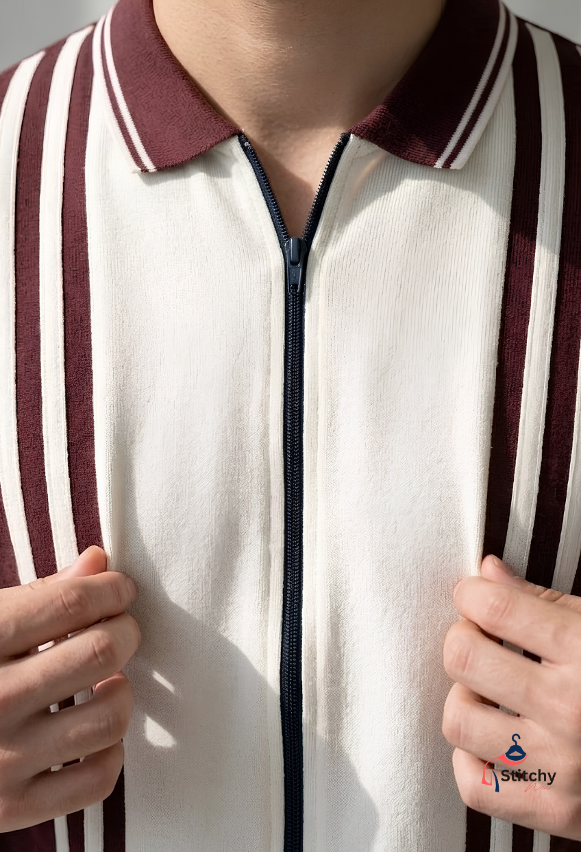 Zayn Striped Zip Polo – Maroon & Cream