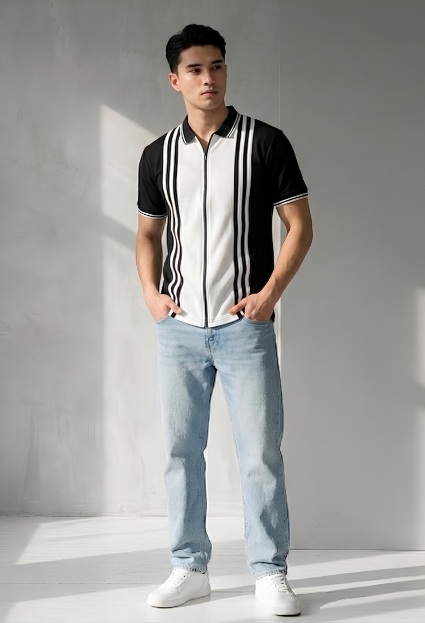 Zayn Striped Zip Polo – Black & White