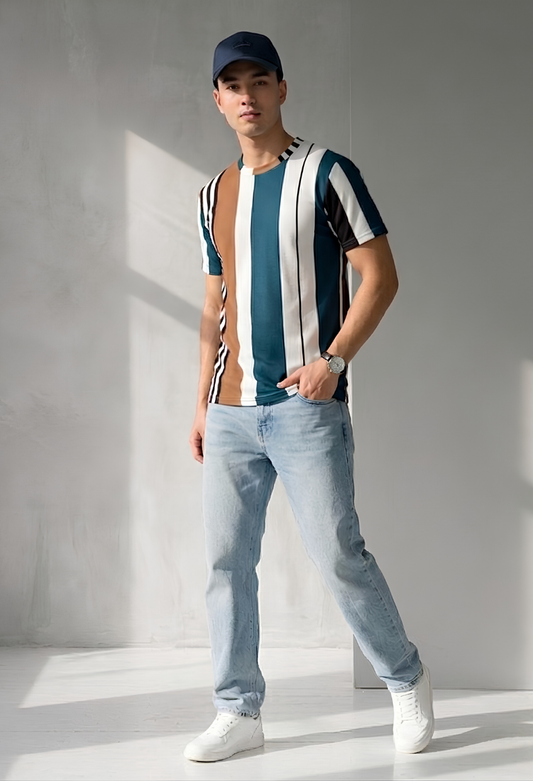 Sage Stripe Tee Teal Brown